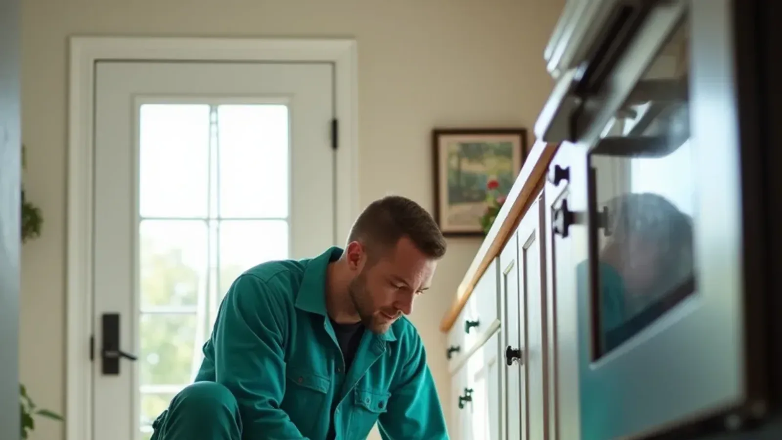 Technician applying ant bait along a kitchen baseboard in a Hayden, IN home