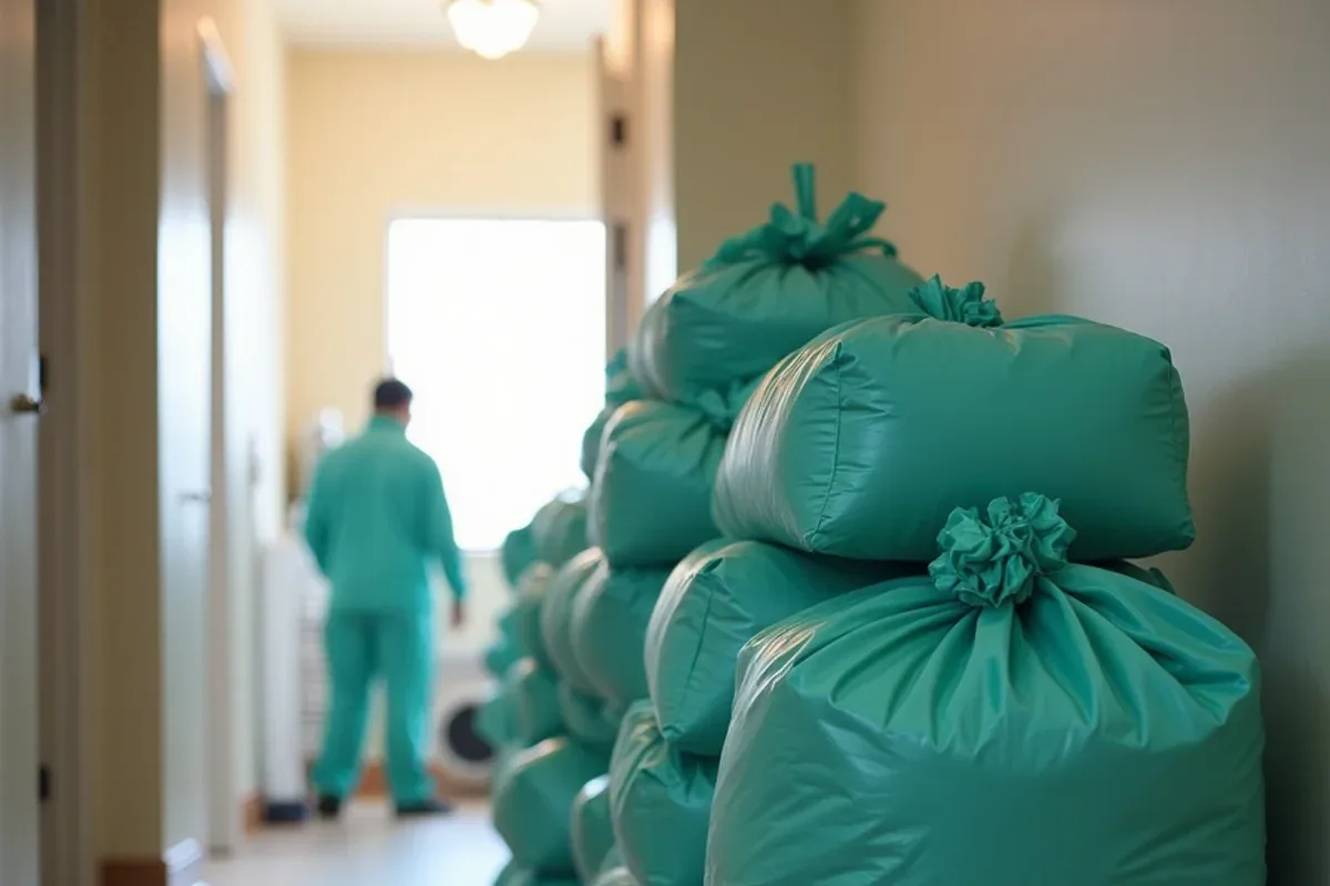 Sealed laundry bags stacked in a bedroom hallway ready for hot-dryer cycles before bed bug treatment