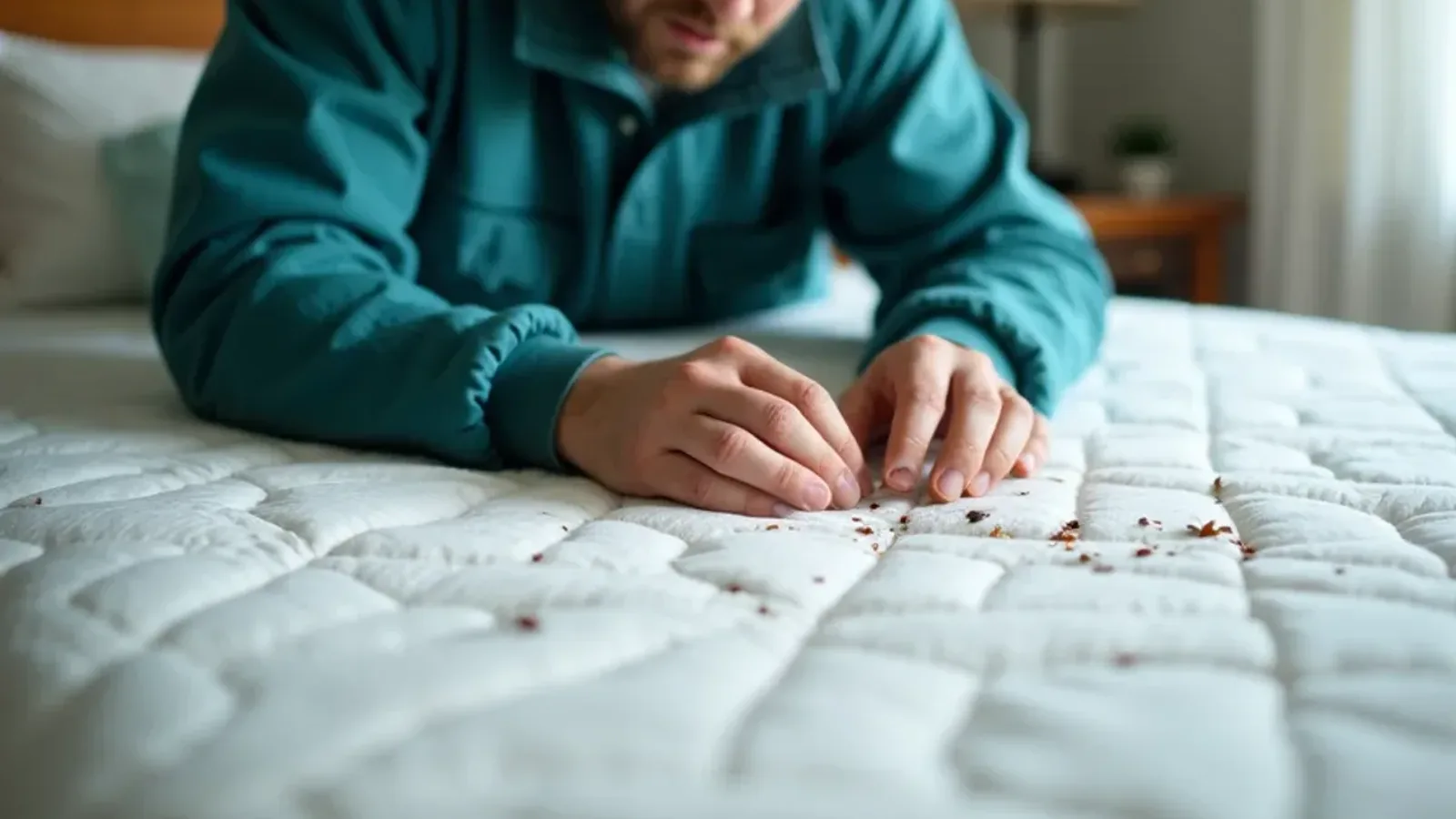 Technician inspecting the seams of a bedroom mattress for bed bugs in a Hayden, IN home