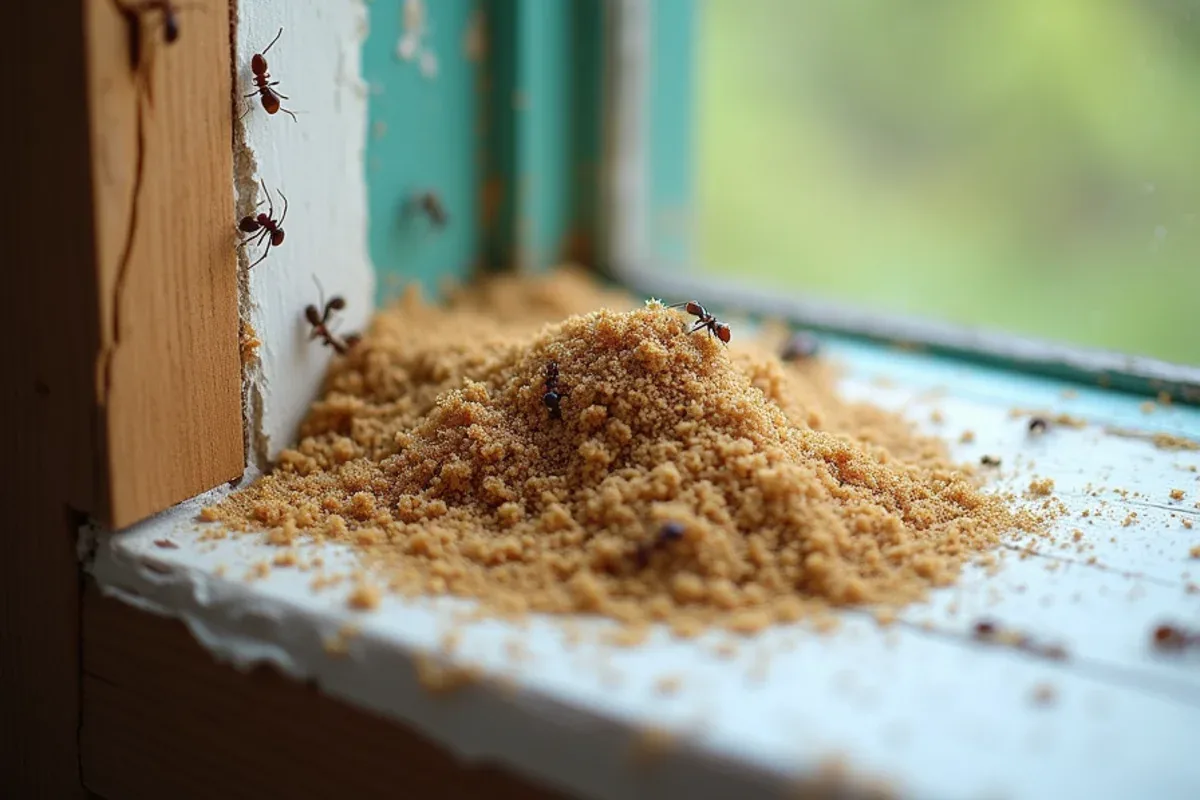 Pile of coarse sawdust-like frass beneath a small hole in a wooden window frame