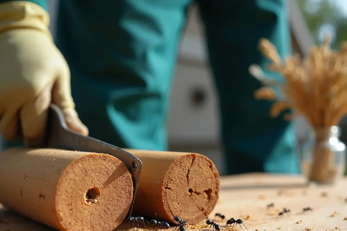 Cut wood showing smooth carpenter ant galleries beside rough soil-filled termite galleries