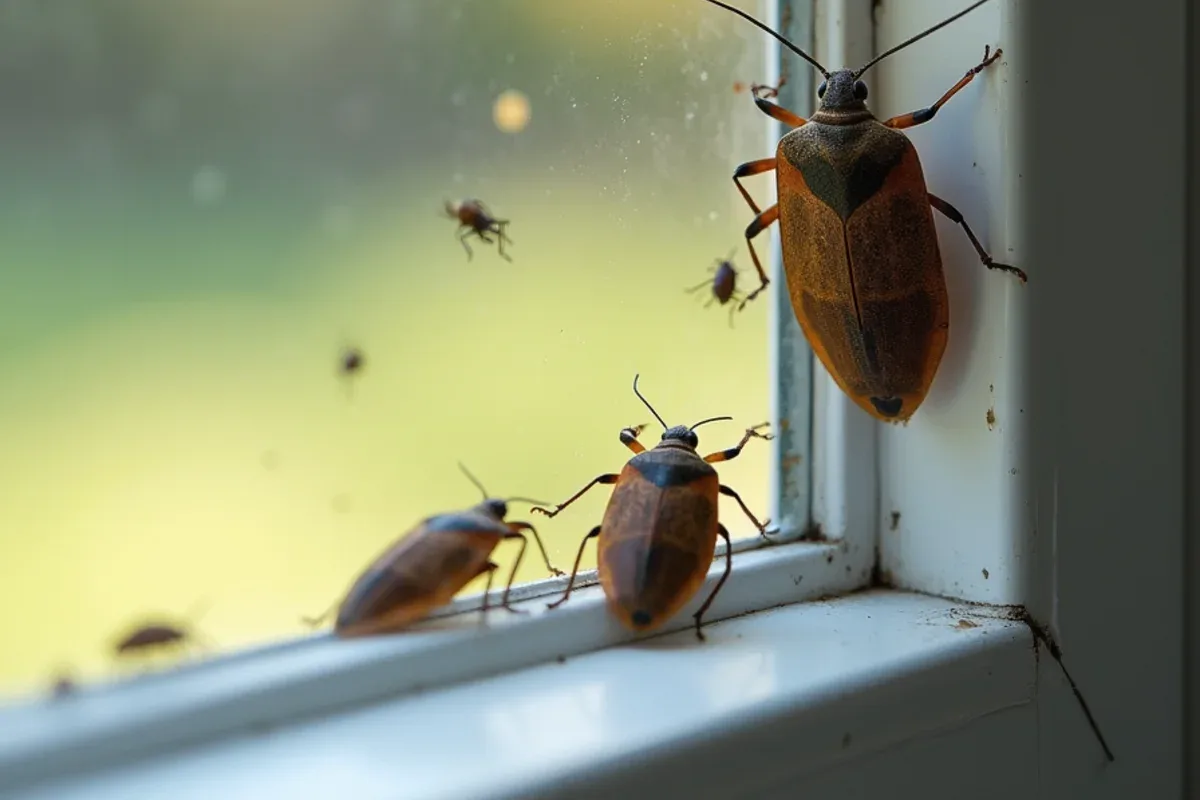 Brown marmorated stink bugs gathered on a sunny window frame in October