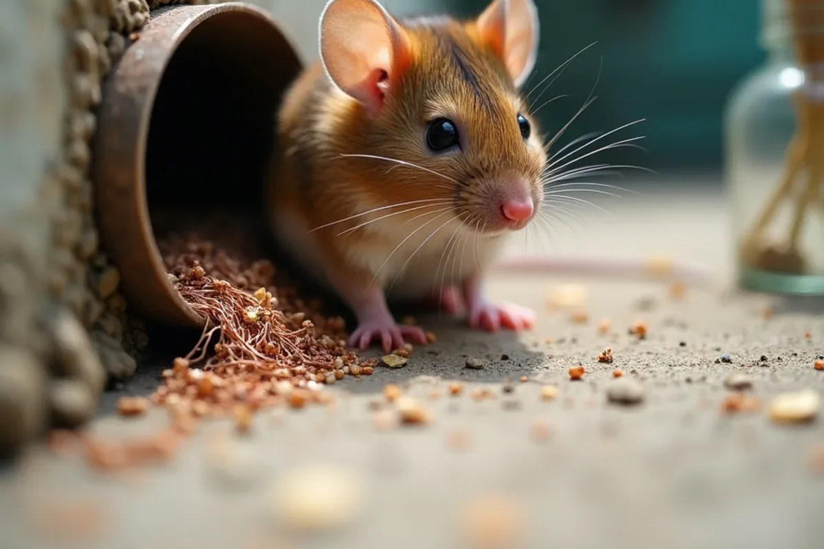 Copper mesh packed into a gap around a pipe where mice enter a house