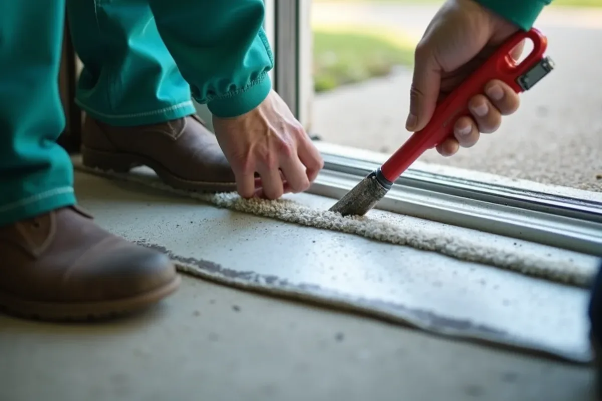 New door sweep and caulked threshold on a garage entry door