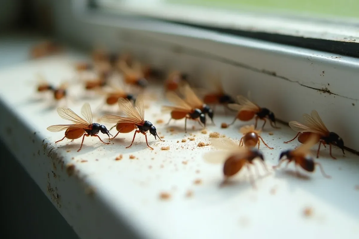 Winged termite swarmers gathered on a window ledge with discarded wings