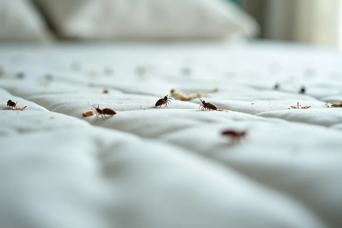 Close view of a mattress seam with dark spots and shed bed bug skins