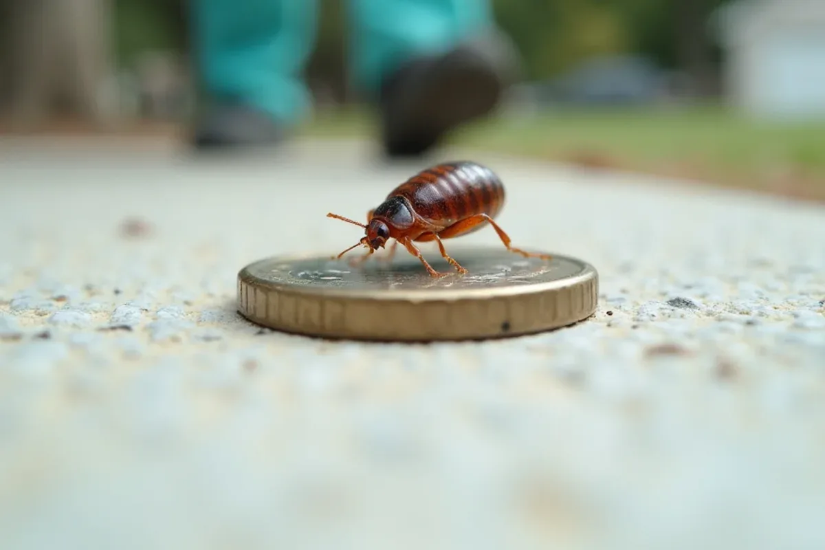Adult bed bug the size of an apple seed next to a coin for scale