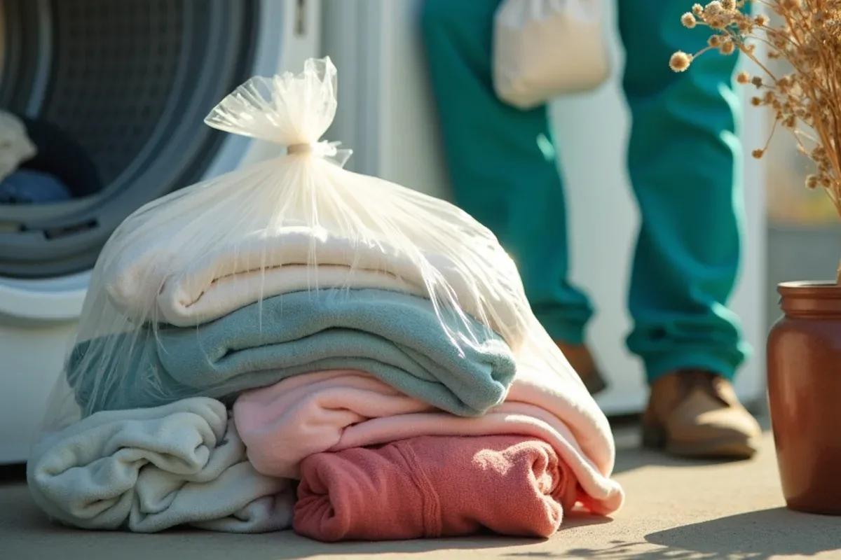 Clothes sealed in plastic bags and ready for a hot dryer cycle