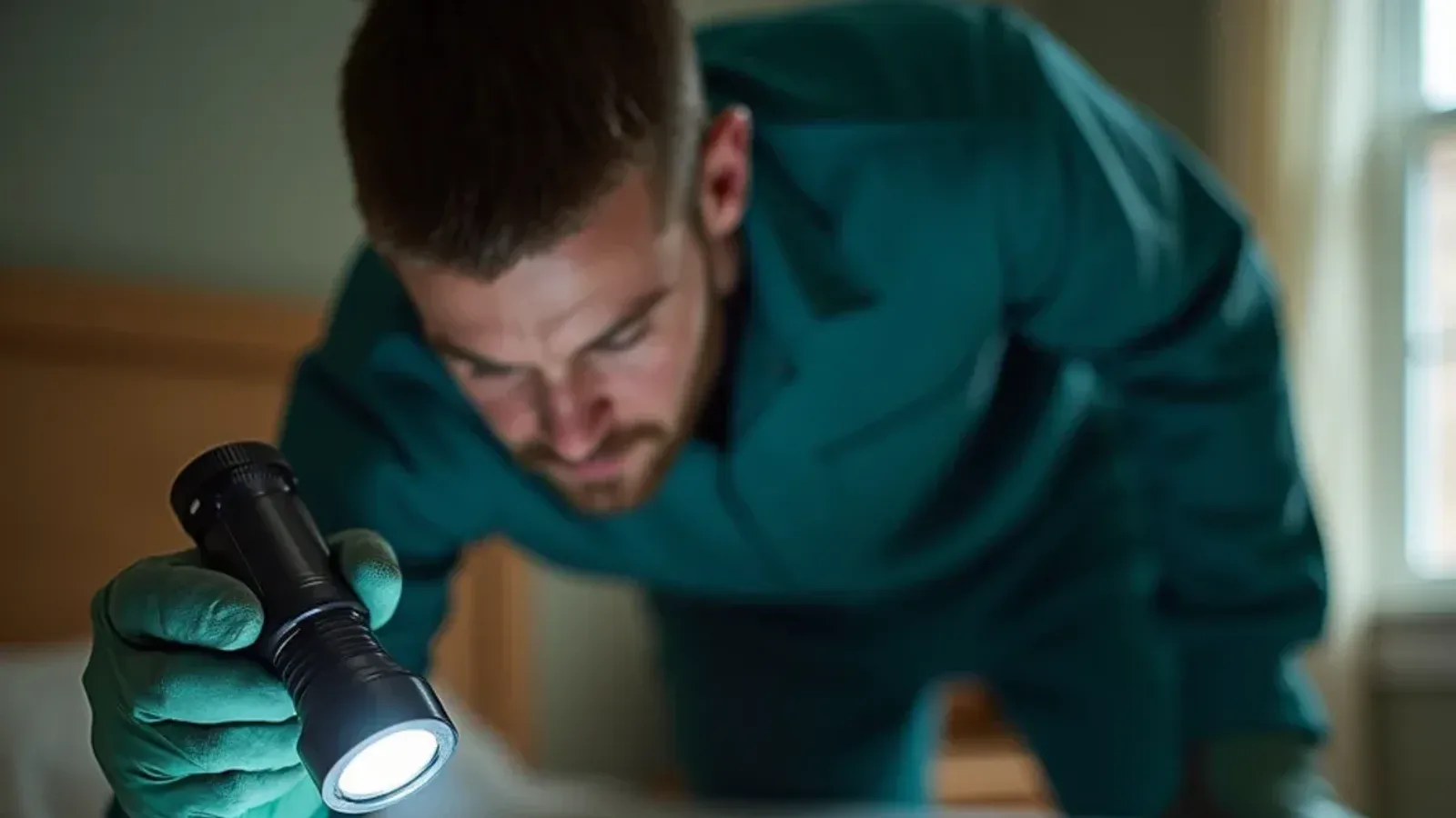 Flashlight beam on a mattress seam checking for bed bugs in a bedroom