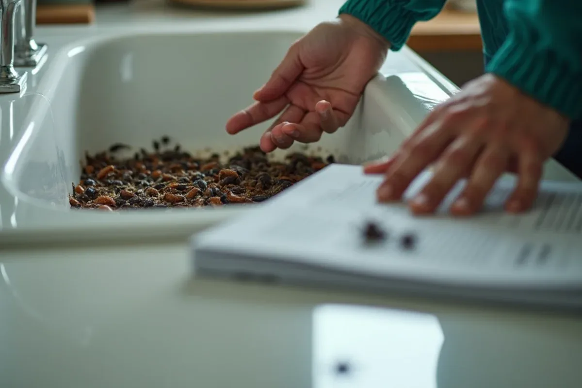 Sticky monitoring trap beneath a sink showing captured cockroaches