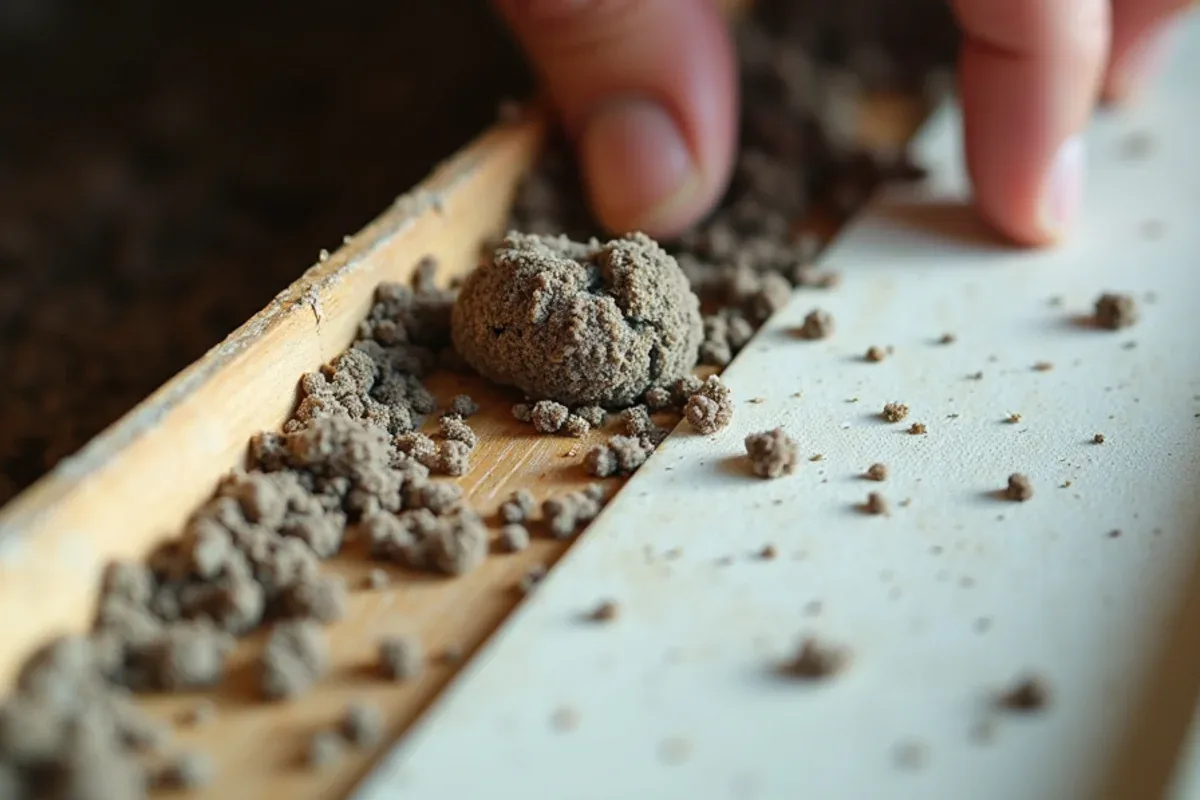 Mouse droppings and chewed insulation along an attic sill plate