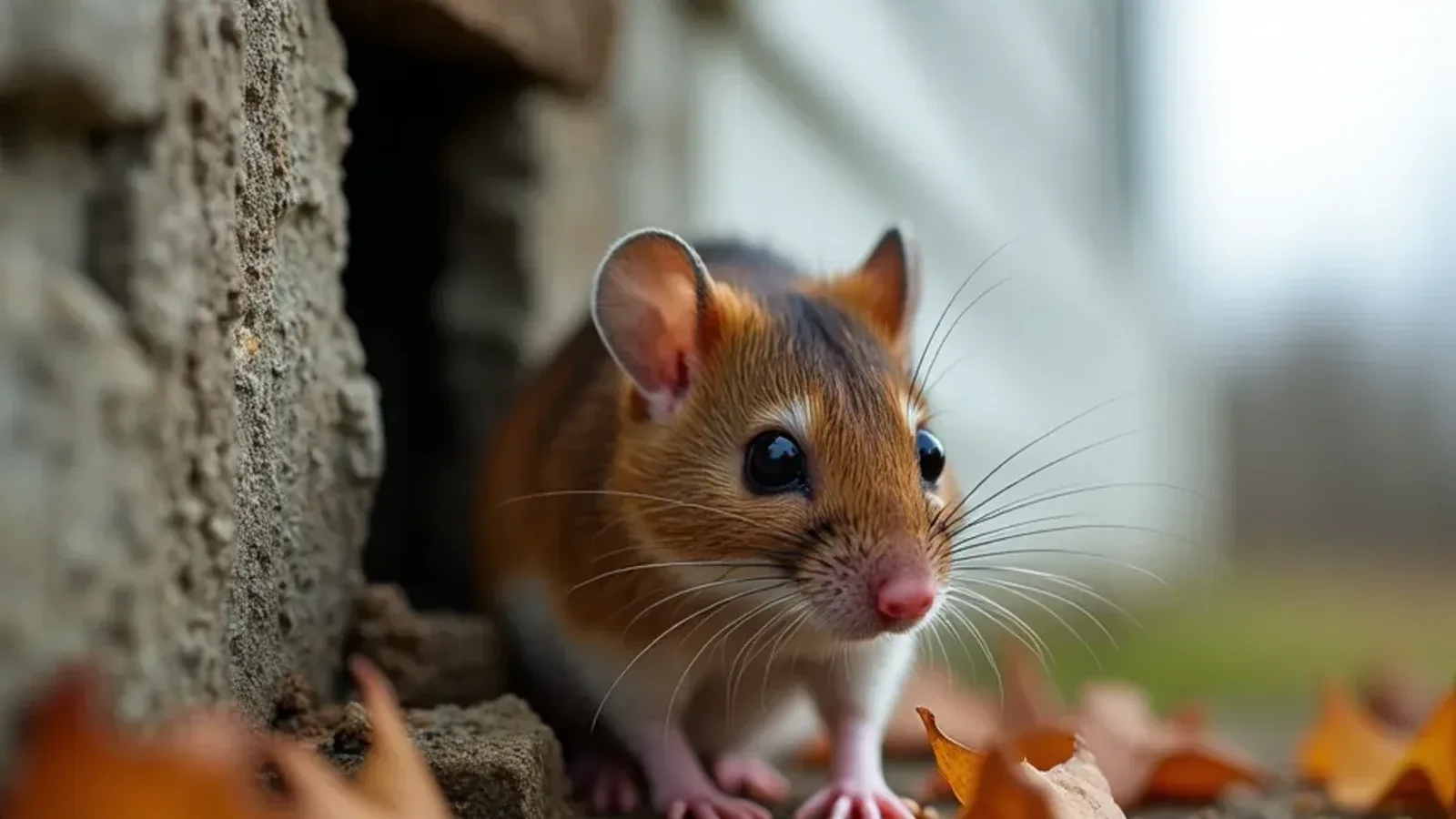 House mouse squeezing through a small gap at the base of a farmhouse wall in autumn