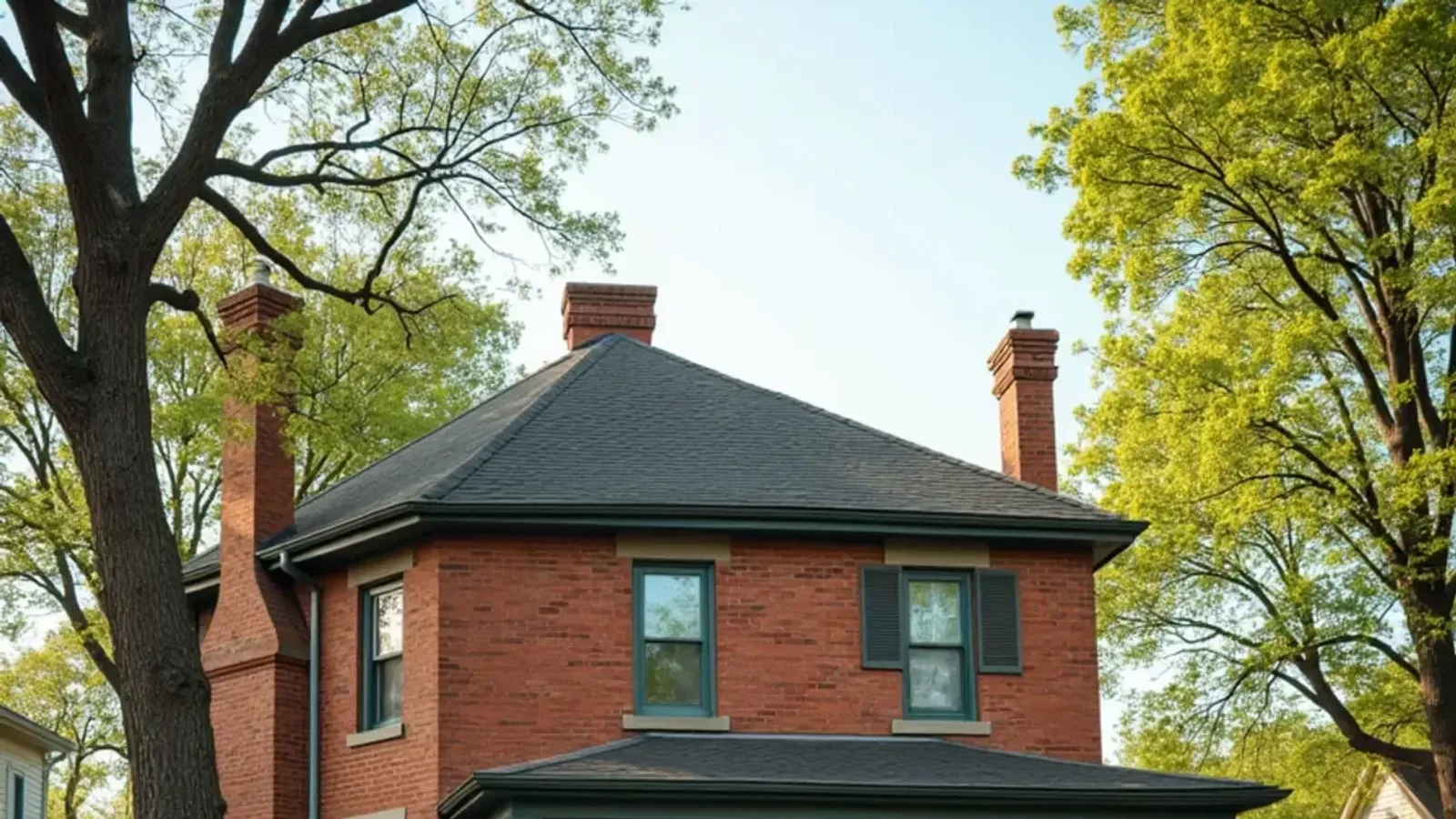 Nineteenth-century brick home with a stone foundation on a historic street in southern Indiana