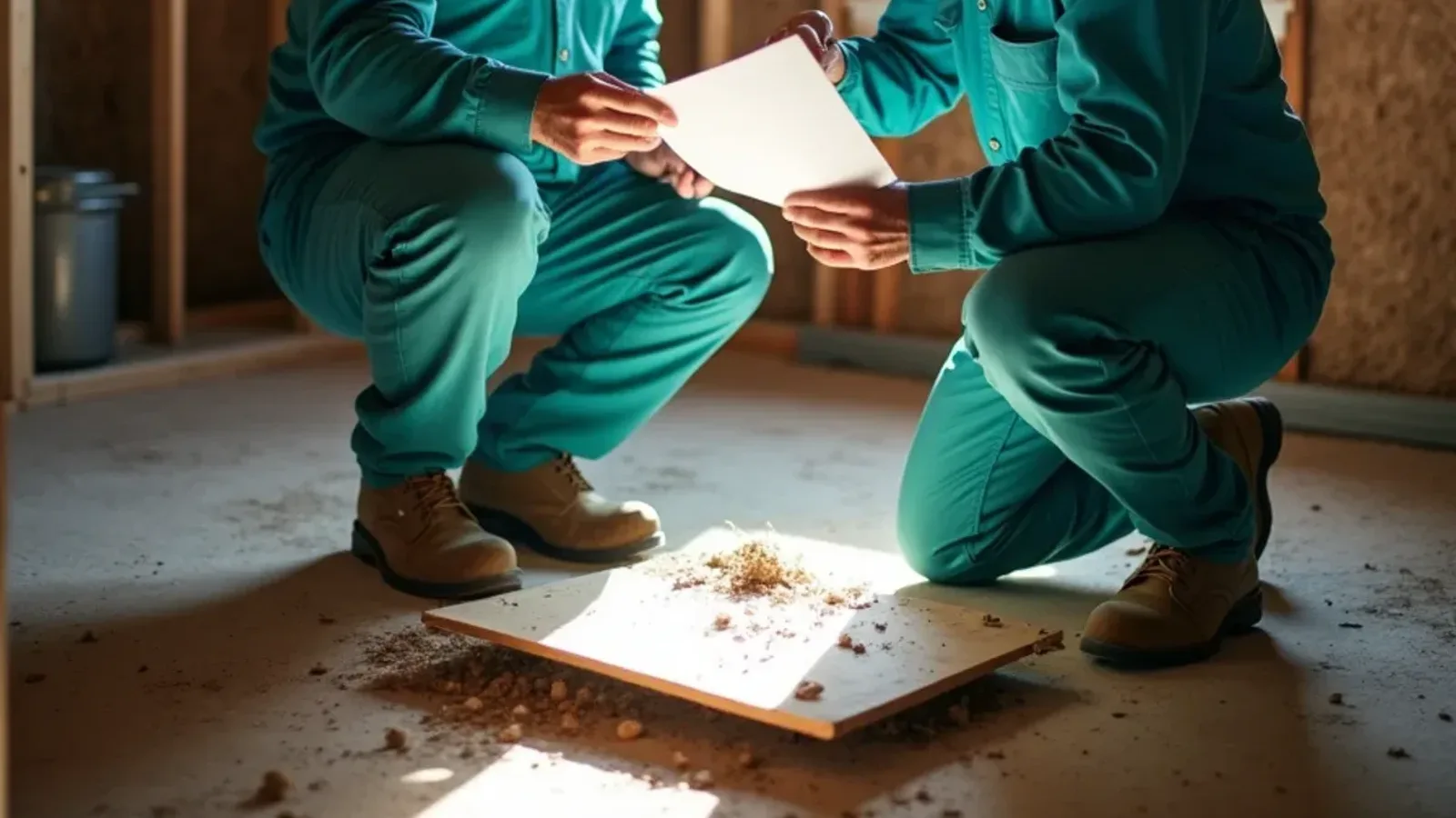 Homeowner reviewing an insurance policy beside a damaged wood sill plate in a crawl space