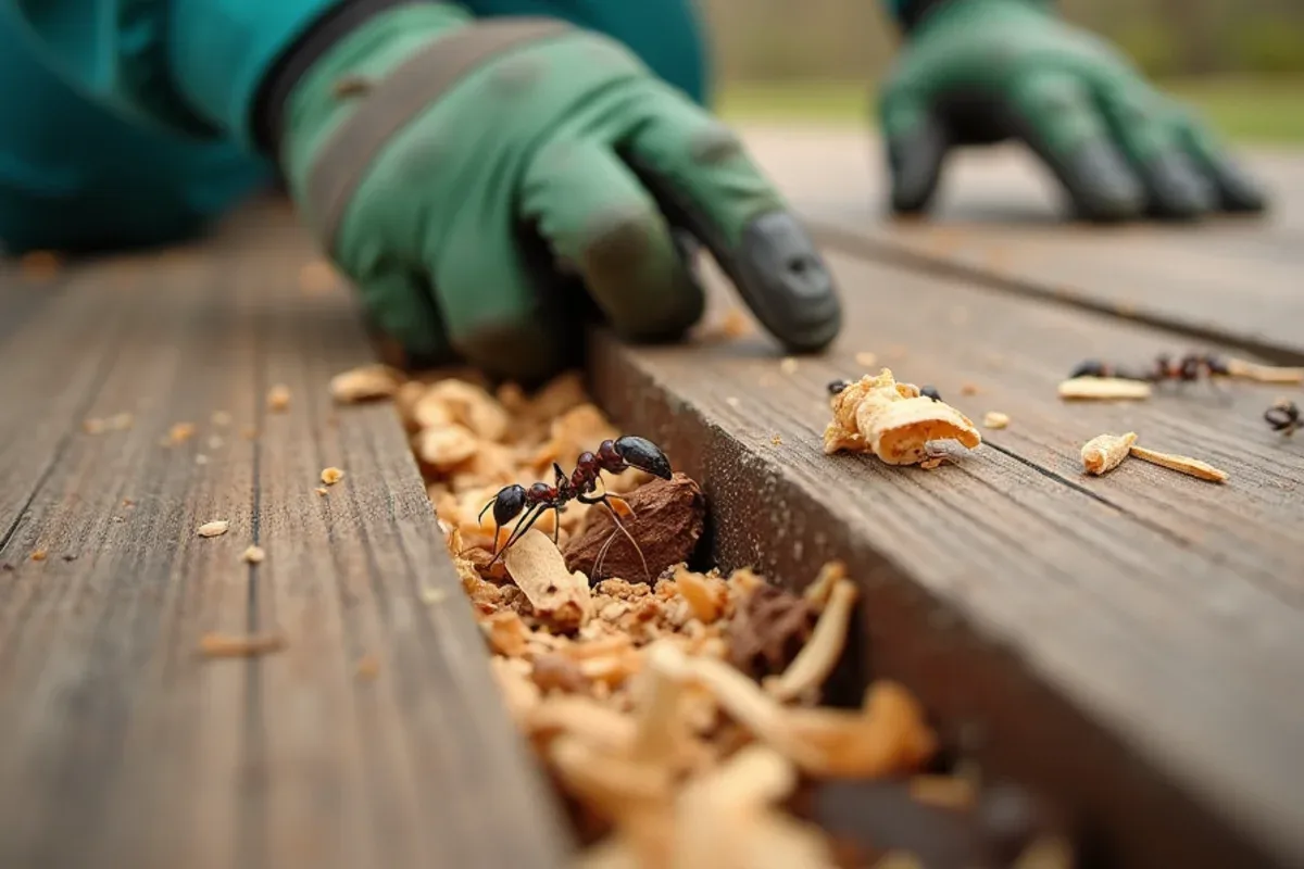 Carpenter ant galleries and wood shavings in damp deck lumber