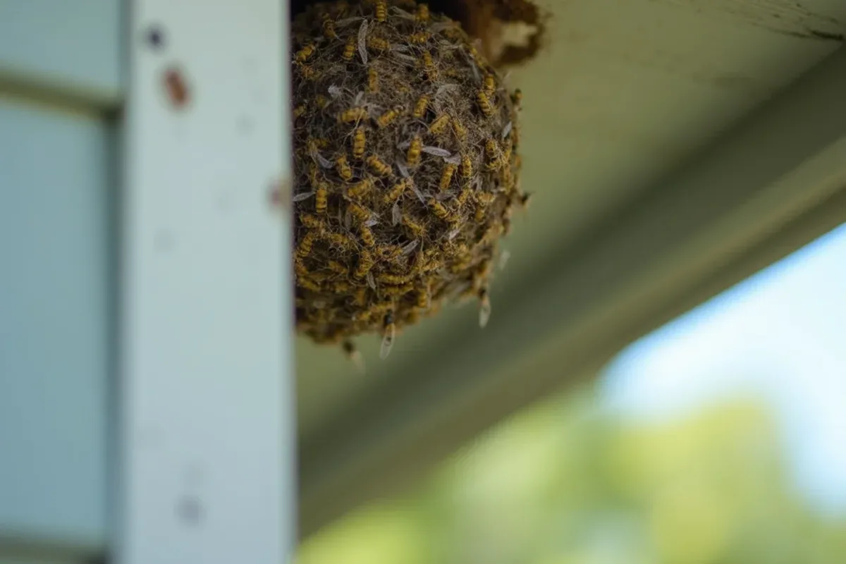 Paper wasp nest under the eave of a lake cabin