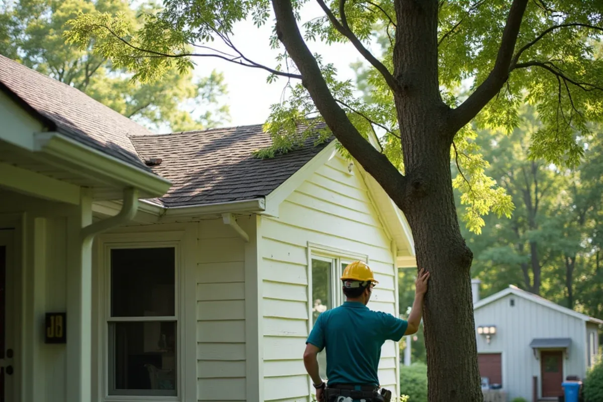 Tree limbs trimmed back from a lake home roofline to cut ant access