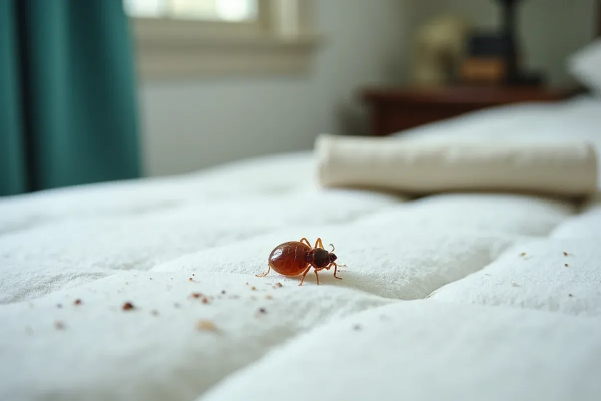 Bed bug evidence on a mattress seam in a rental bedroom