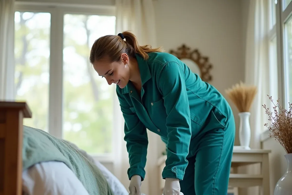 Tenant bagging linens and clearing a bedroom floor before a bed bug treatment