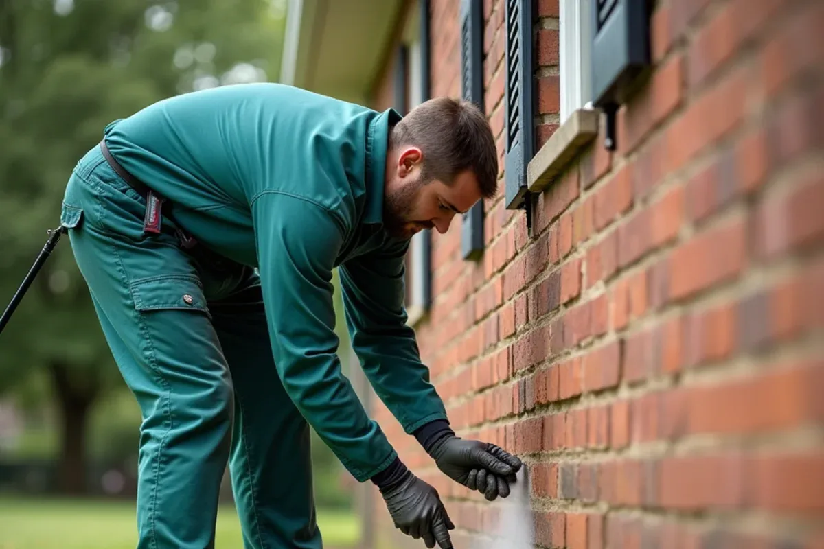 Technician applying a perimeter treatment along the foundation of a brick ranch home