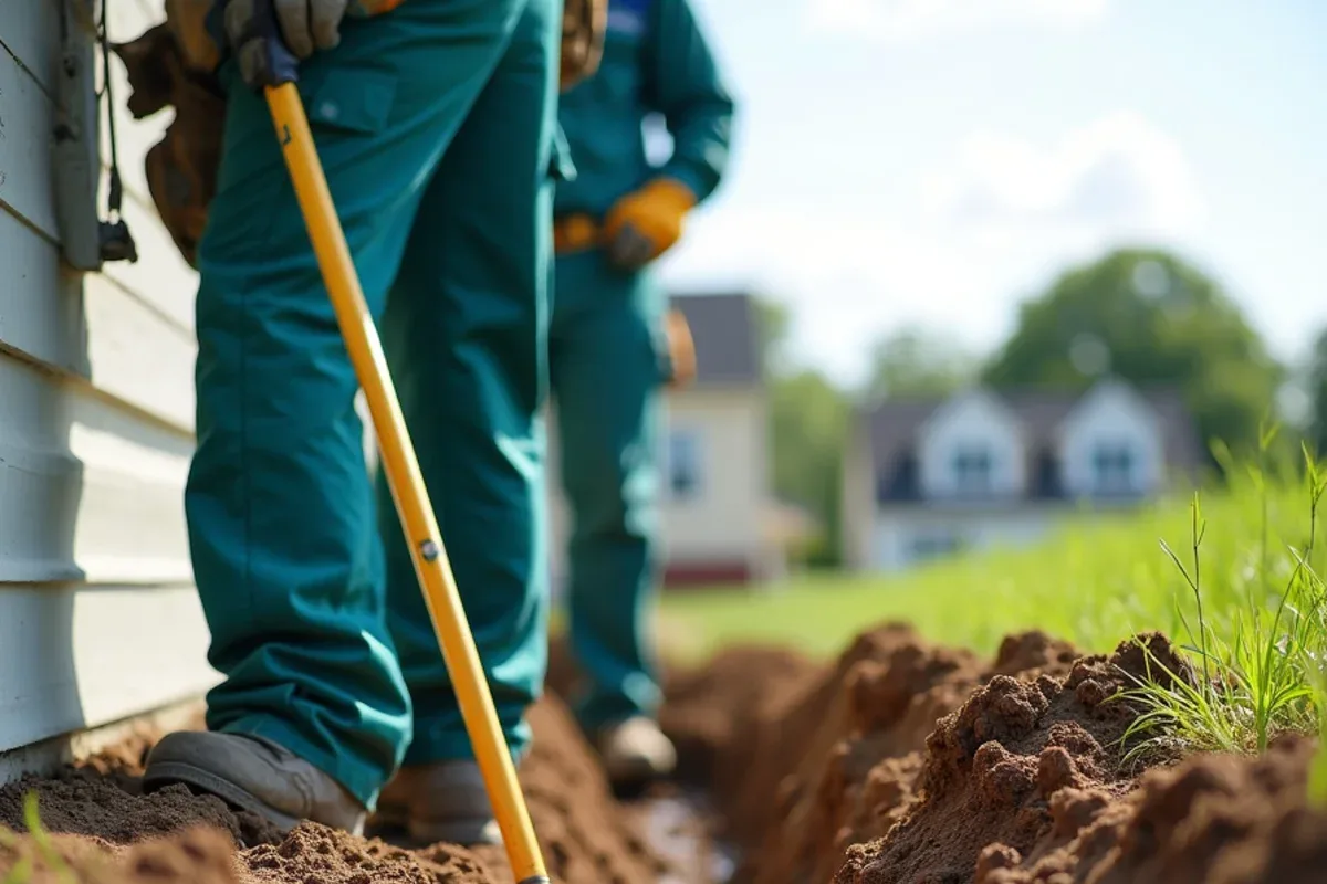 Trench dug beside a foundation wall ready for liquid termiticide application