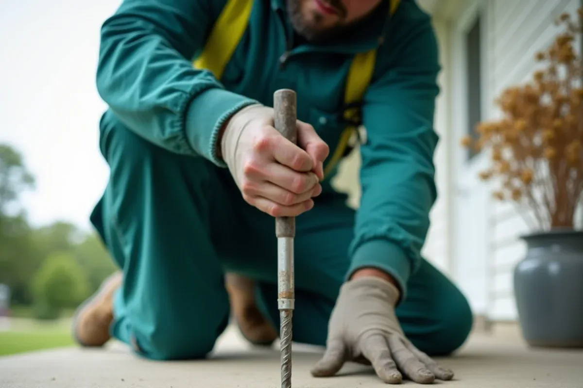 Technician drilling a concrete porch slab to treat the soil beneath it