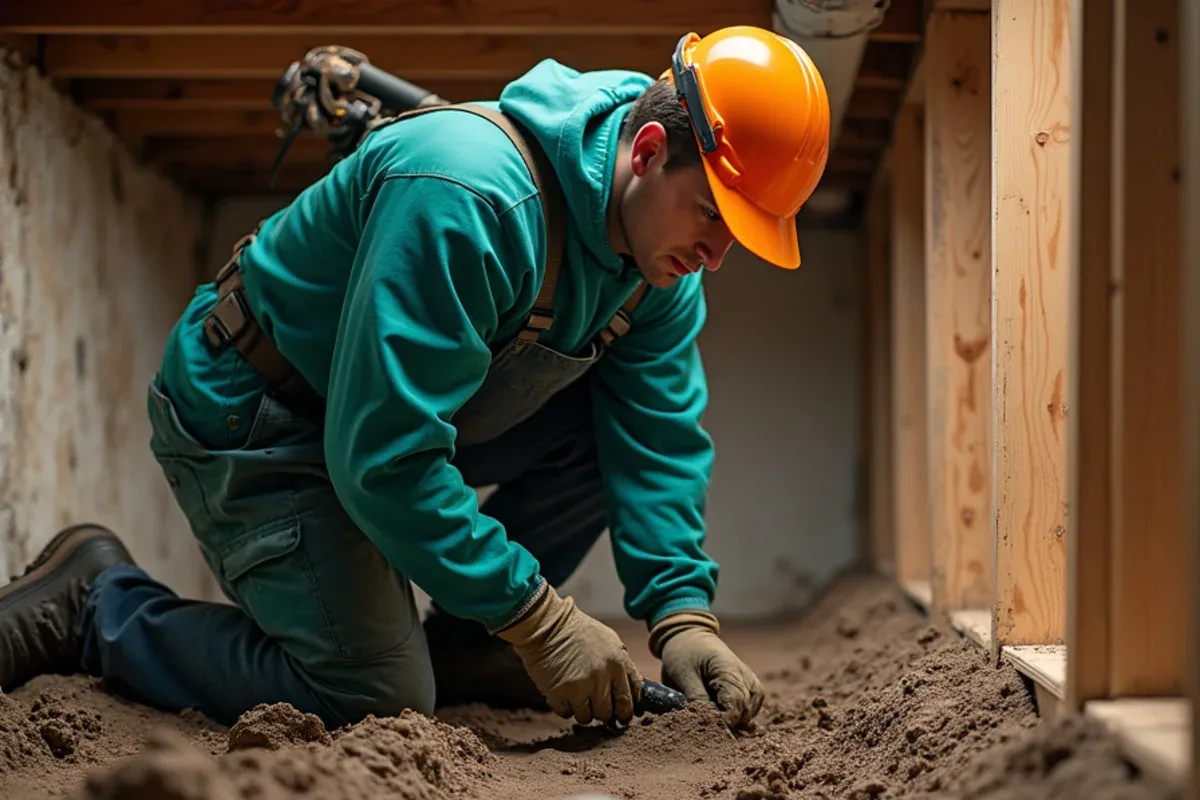 Damp clay soil and wood framing in a crawlspace in southern Indiana