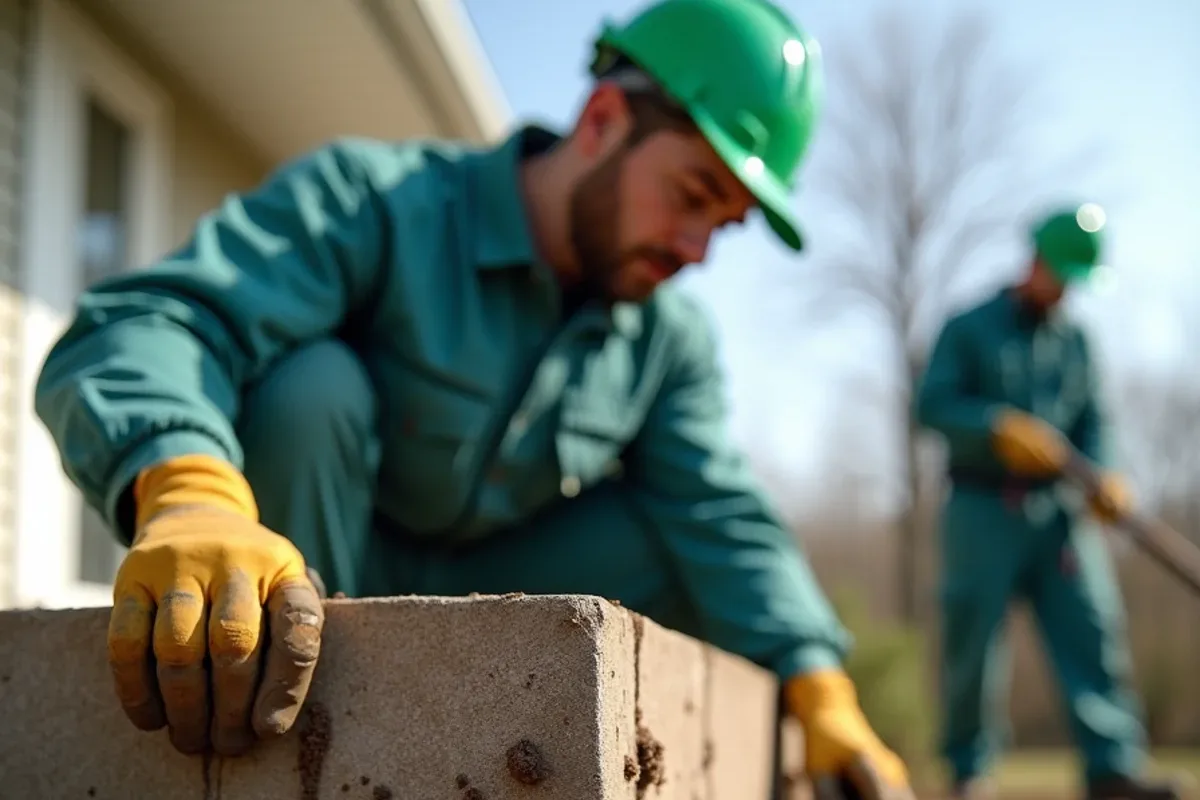 Pencil-width termite mud tubes climbing a block foundation