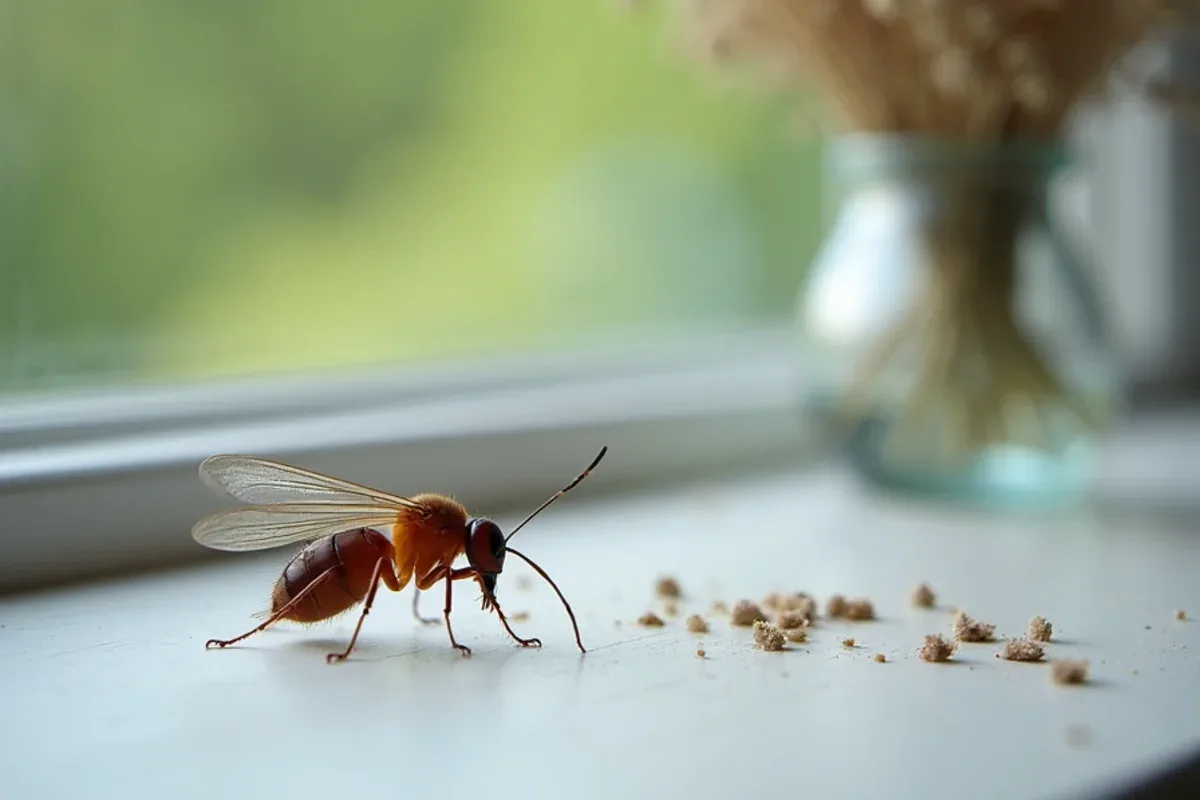 Winged termite swarmers and shed wings on a windowsill in spring