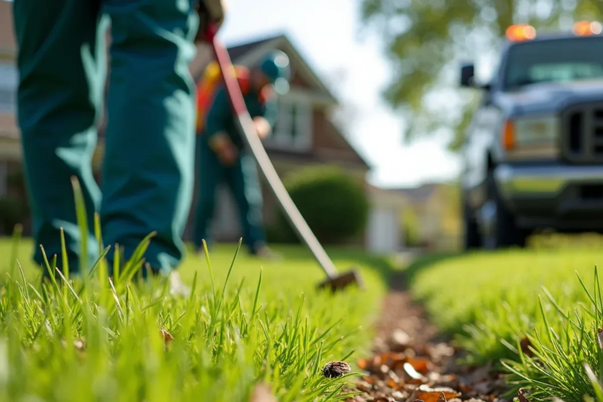 Mowed lawn edge with leaf litter and tall grass where ticks wait