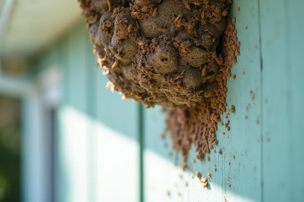 Wasp nest built under an eave directly above a home's front door