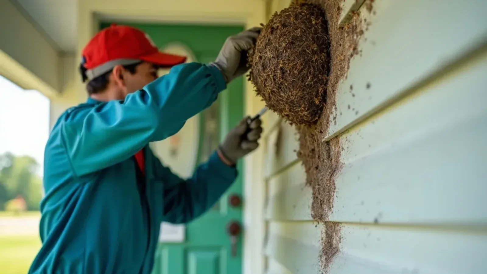 Paper wasp nest under a roof eave by a front door in southern Indiana