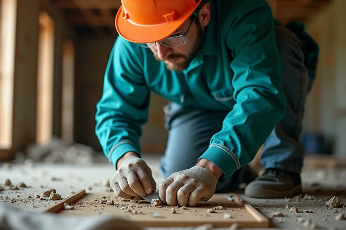 Technician checking floor joists in a crawl space for termite damage during a pre-sale inspection