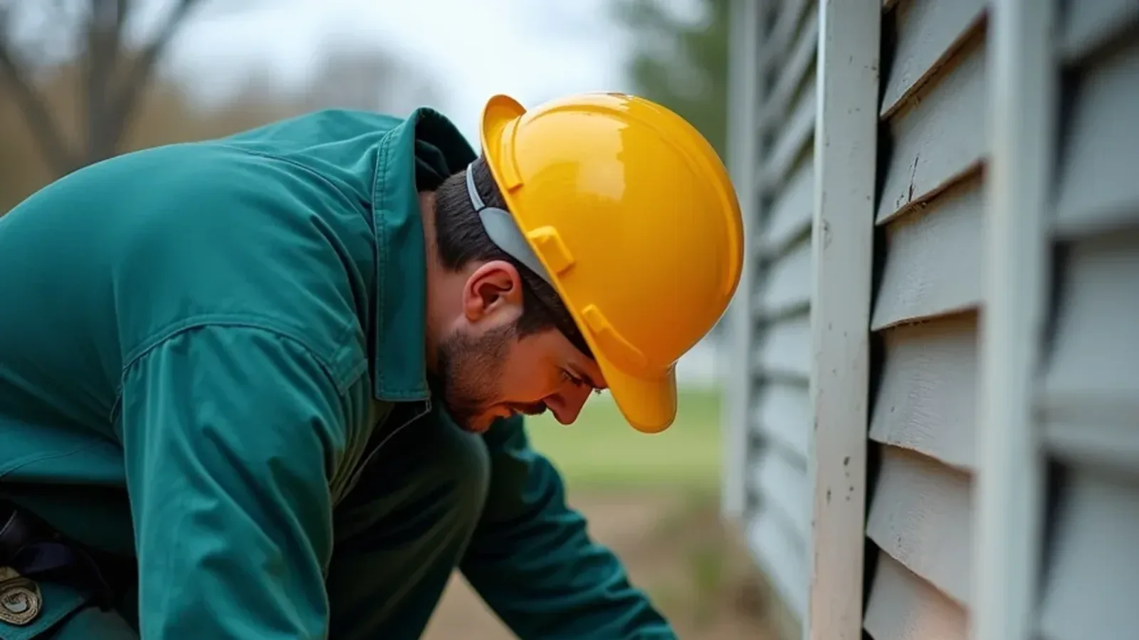 Inspector examining a foundation sill plate with a flashlight before a southern Indiana home sale