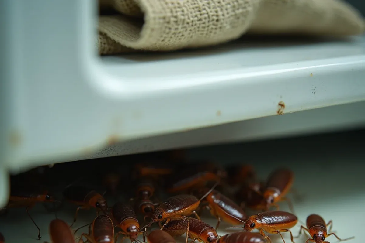 German cockroaches clustered behind a refrigerator gasket in a southern Indiana kitchen