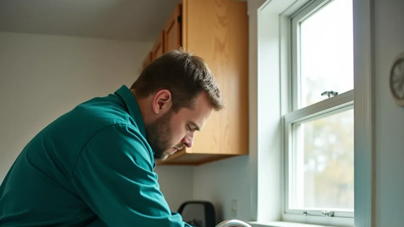 Technician applying cockroach gel bait under a kitchen sink in a Seymour, IN apartment