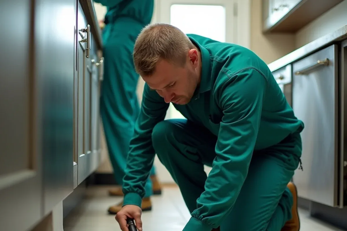 Technician examining a commercial kitchen floor drain for roach and fly activity