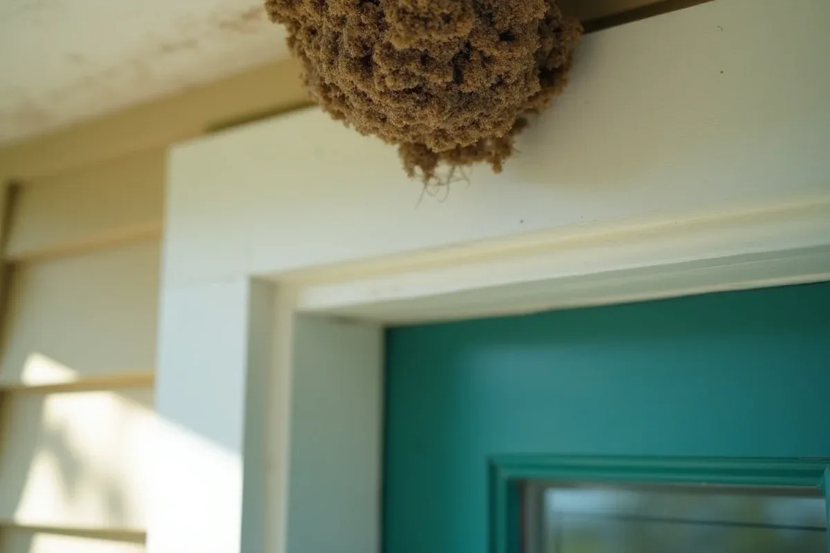 Paper wasp nest under a porch eave above a doorway in Jennings County, IN