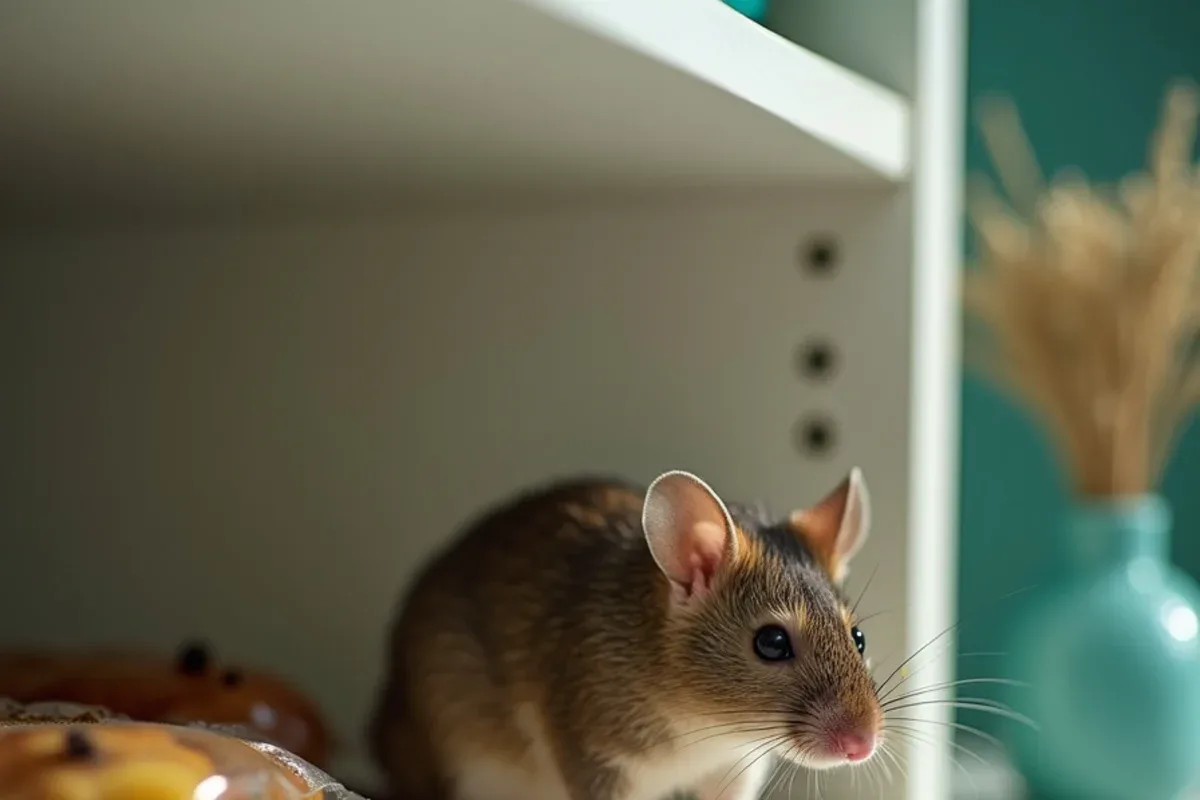 Mouse droppings and gnawed packaging in a kitchen cabinet that prompted a same-day call