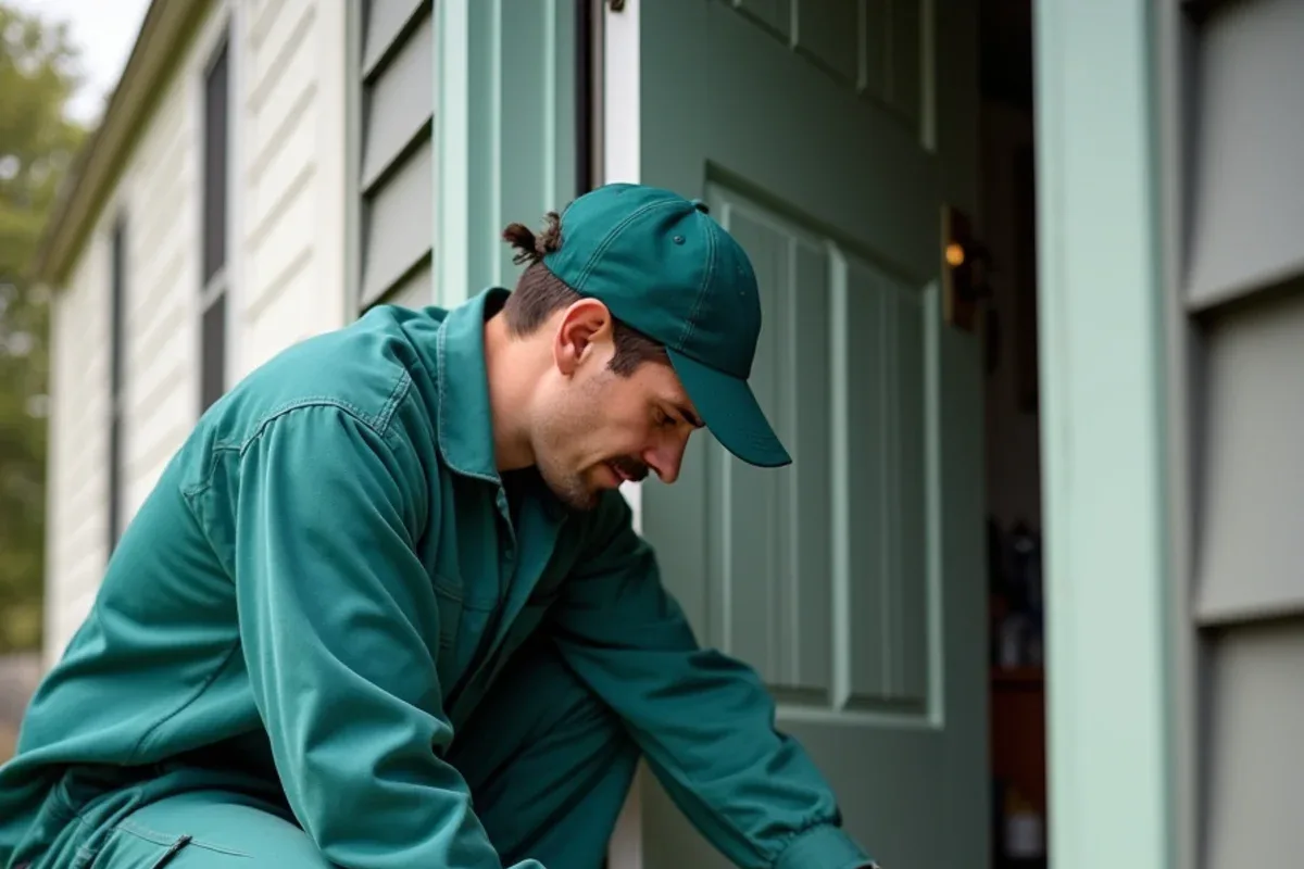 Technician sealing a gap beneath an exterior door after an urgent rodent call