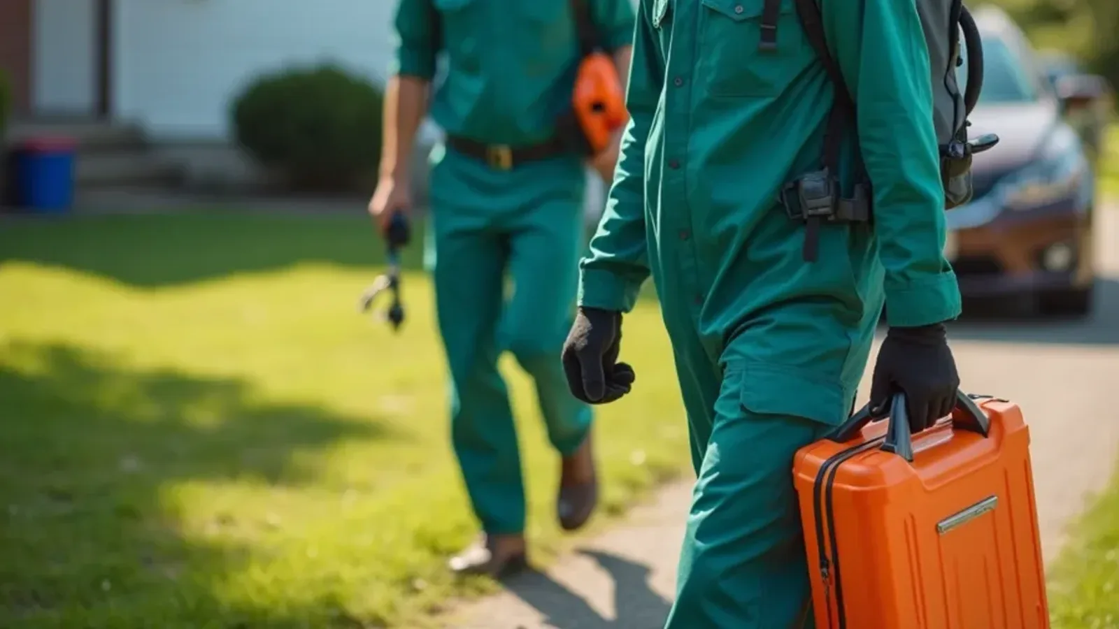 Technician arriving for a same-day pest call at a Hayden, IN home with service gear in hand