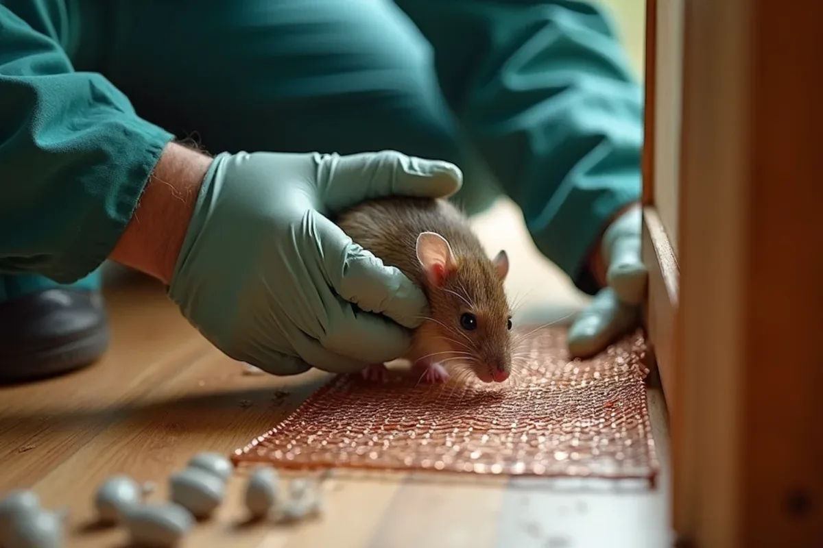 Technician sealing a rodent entry point with copper mesh in a Jennings County home