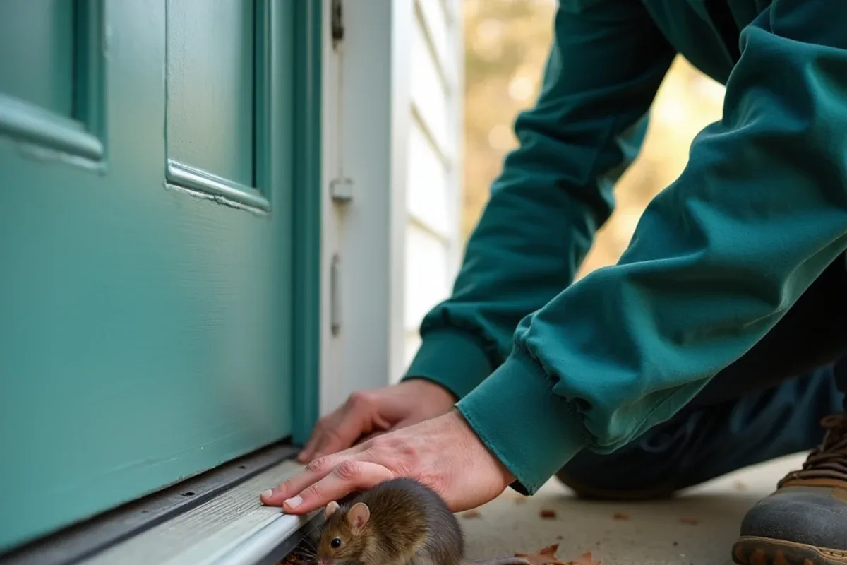 Fall mouse-proofing around a door sweep on a rural Hayden, IN home