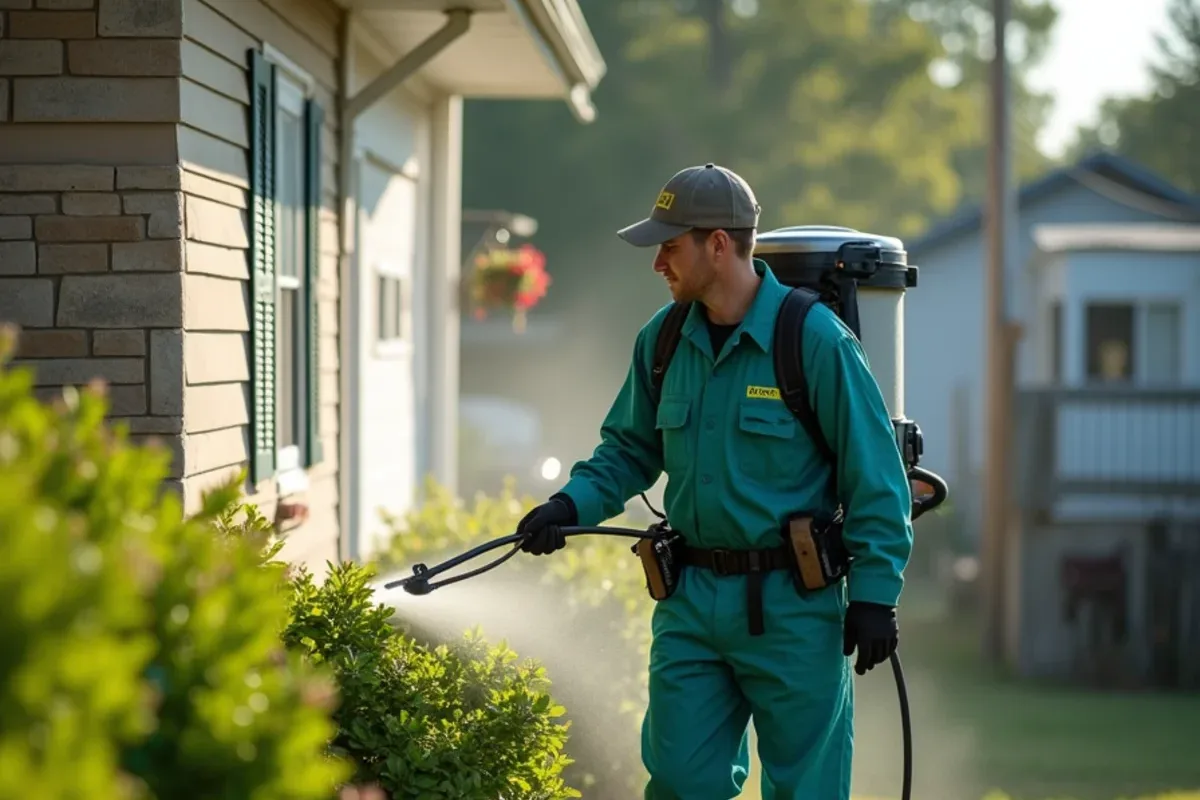 Technician applying a barrier treatment to shrubs behind a home near Muscatatuck, IN