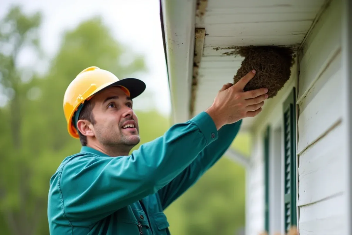 Removing a wasp nest from a roof eave near North Vernon, IN