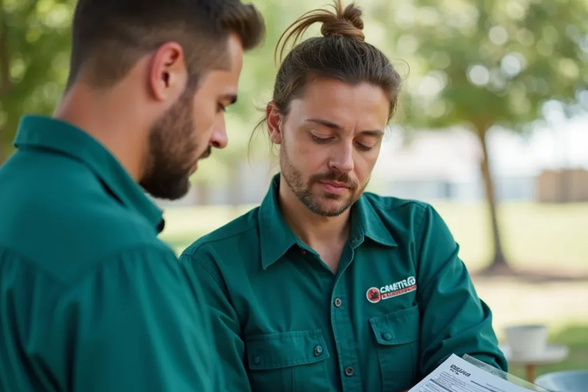 Technician reviewing a written service report with a homeowner