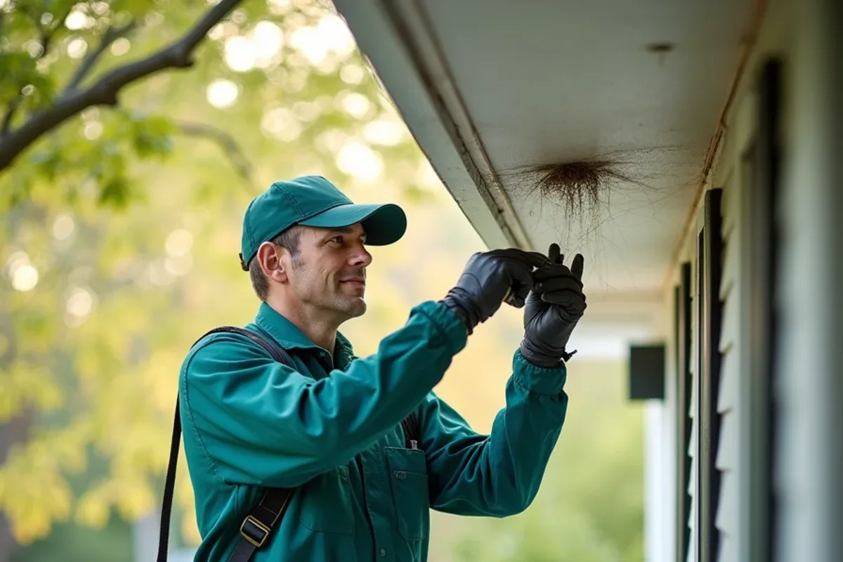 Technician clearing spider webs and a small wasp nest from porch eaves