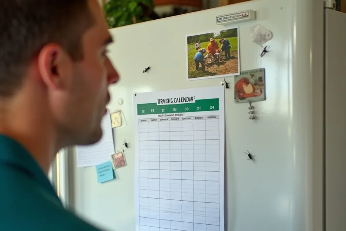 Printed quarterly service schedule posted on a refrigerator beside a homeowner's notes