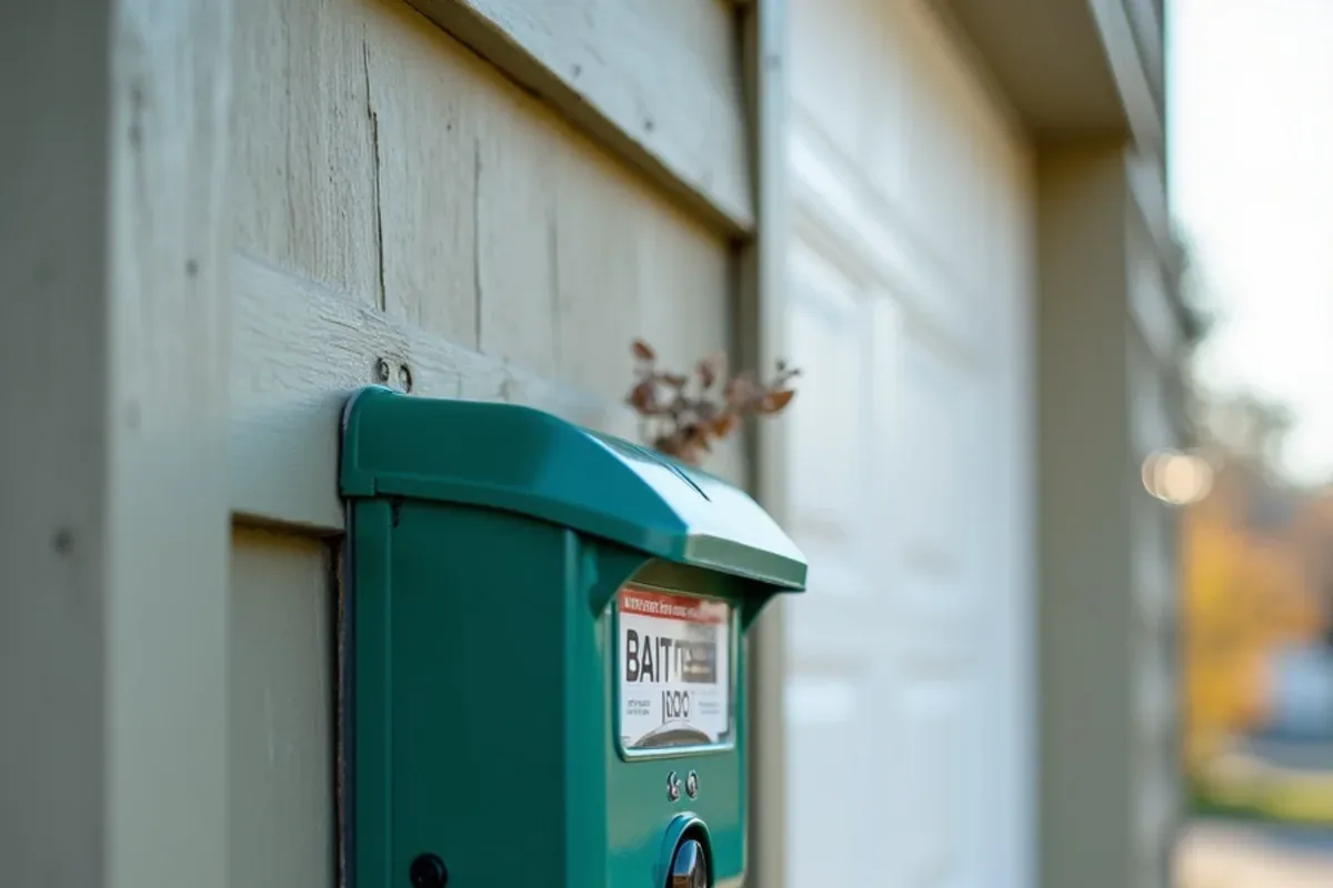 Tamper-resistant rodent station against a detached garage wall
