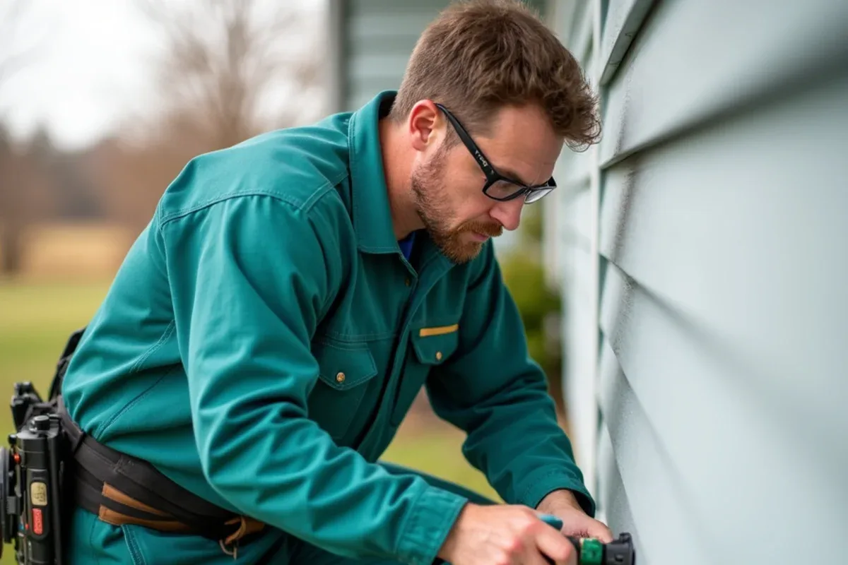 Technician applying a perimeter treatment along the siding of a Hayden, IN home